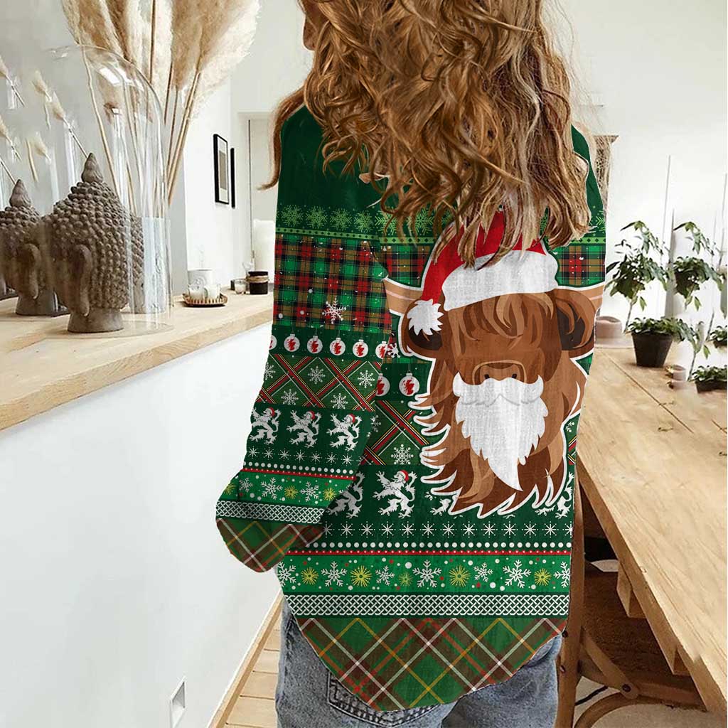 Scottish Christmas Women Casual Shirt Highland Cattle-Xmas Tartan Stripes Style Green Color - Wonder Print Shop