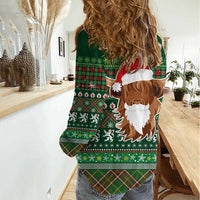 Scottish Christmas Women Casual Shirt Highland Cattle-Xmas Tartan Stripes Style Green Color - Wonder Print Shop