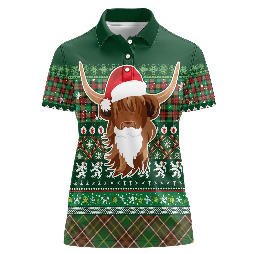 Scottish Christmas Women Polo Shirt Highland Cattle-Xmas Tartan Stripes Style Green Color - Wonder Print Shop