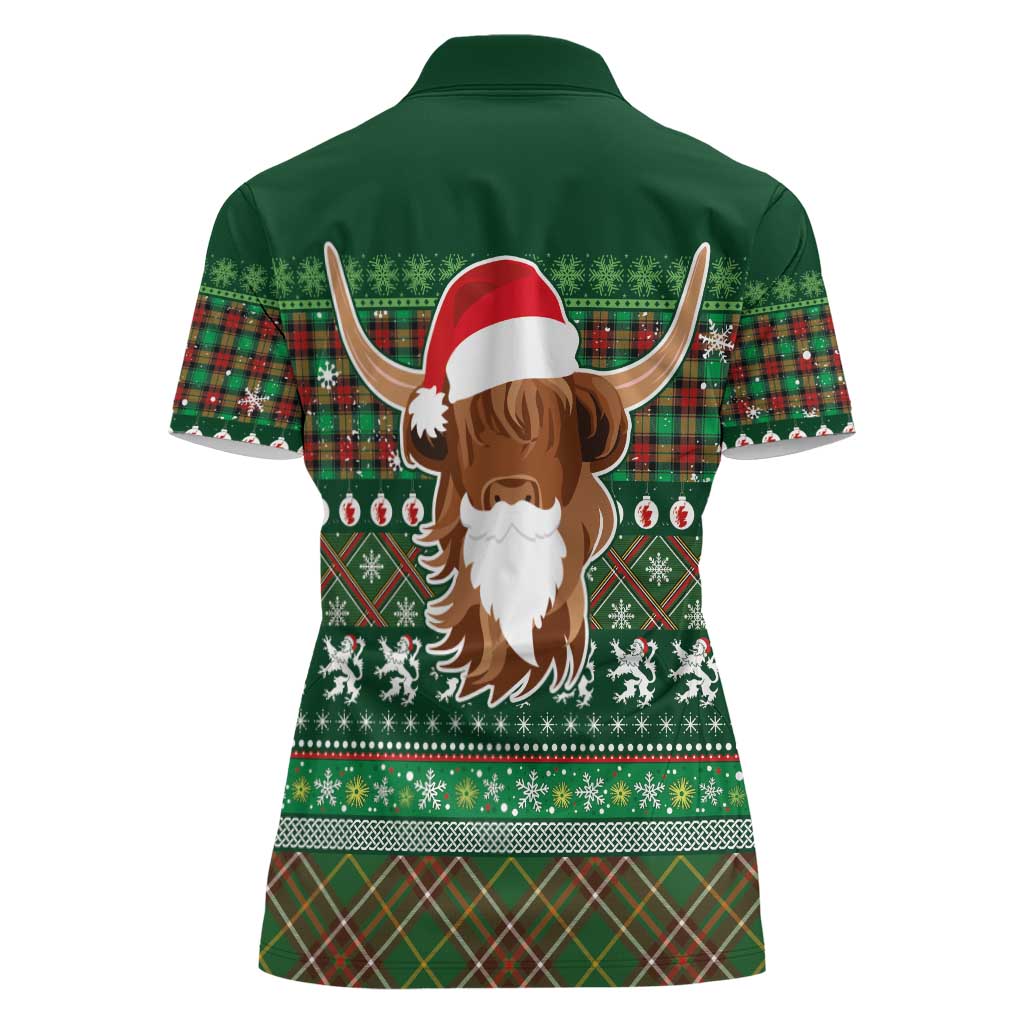 Scottish Christmas Women Polo Shirt Highland Cattle-Xmas Tartan Stripes Style Green Color - Wonder Print Shop
