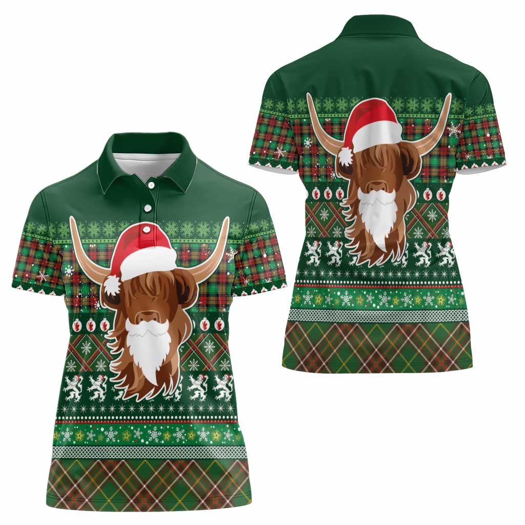 Scottish Christmas Women Polo Shirt Highland Cattle-Xmas Tartan Stripes Style Green Color - Wonder Print Shop