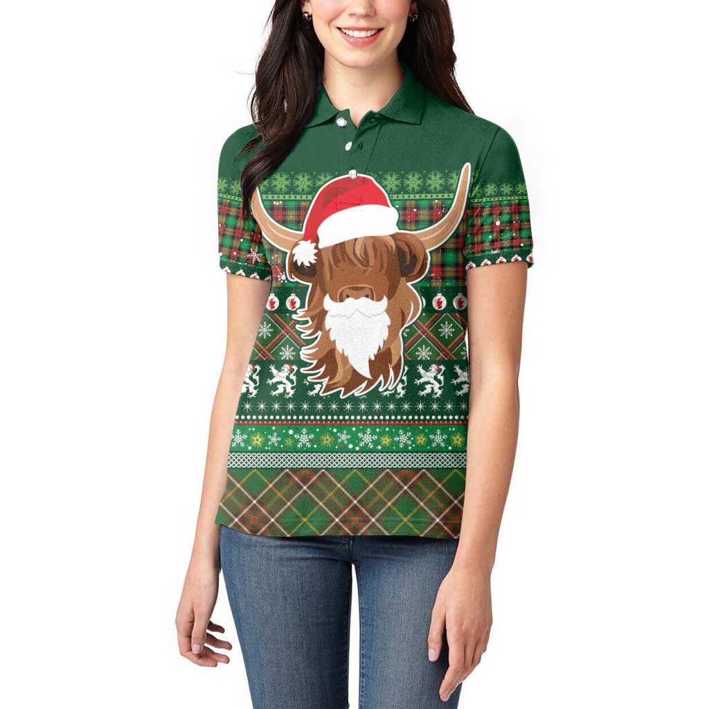 Scottish Christmas Women Polo Shirt Highland Cattle-Xmas Tartan Stripes Style Green Color - Wonder Print Shop