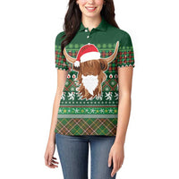 Scottish Christmas Women Polo Shirt Highland Cattle-Xmas Tartan Stripes Style Green Color - Wonder Print Shop