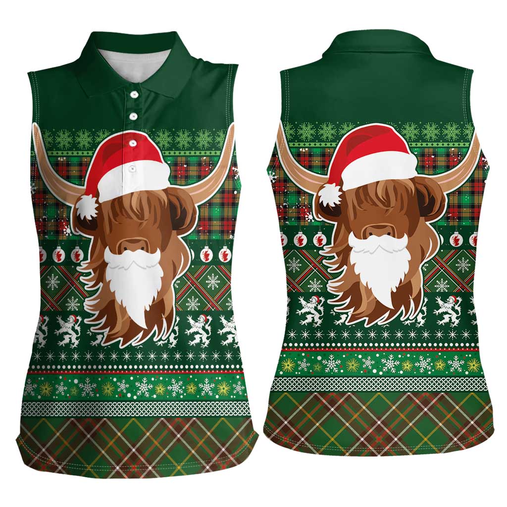 Scottish Christmas Women Sleeveless Polo Shirt Highland Cattle-Xmas Tartan Stripes Style Green Color - Wonder Print Shop