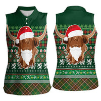 Scottish Christmas Women Sleeveless Polo Shirt Highland Cattle-Xmas Tartan Stripes Style Green Color - Wonder Print Shop