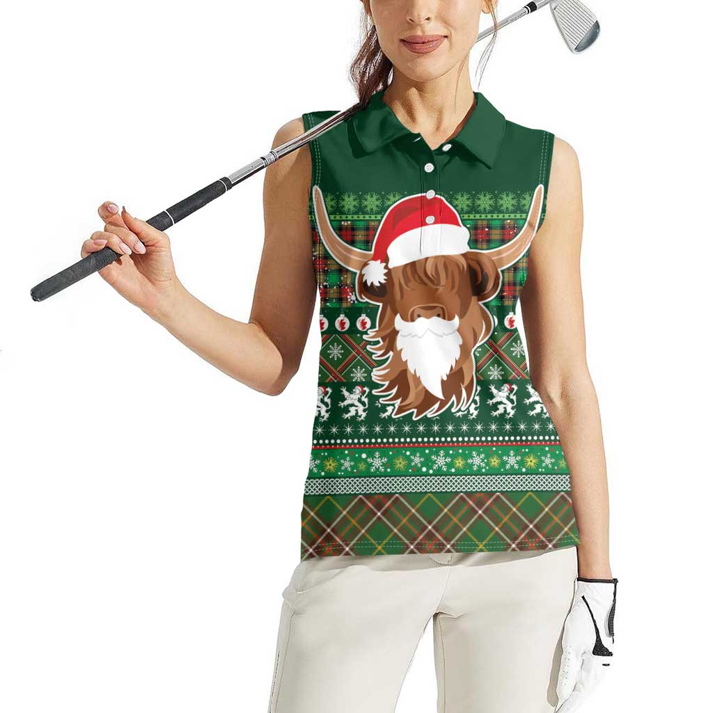 Scottish Christmas Women Sleeveless Polo Shirt Highland Cattle-Xmas Tartan Stripes Style Green Color - Wonder Print Shop