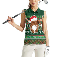 Scottish Christmas Women Sleeveless Polo Shirt Highland Cattle-Xmas Tartan Stripes Style Green Color - Wonder Print Shop