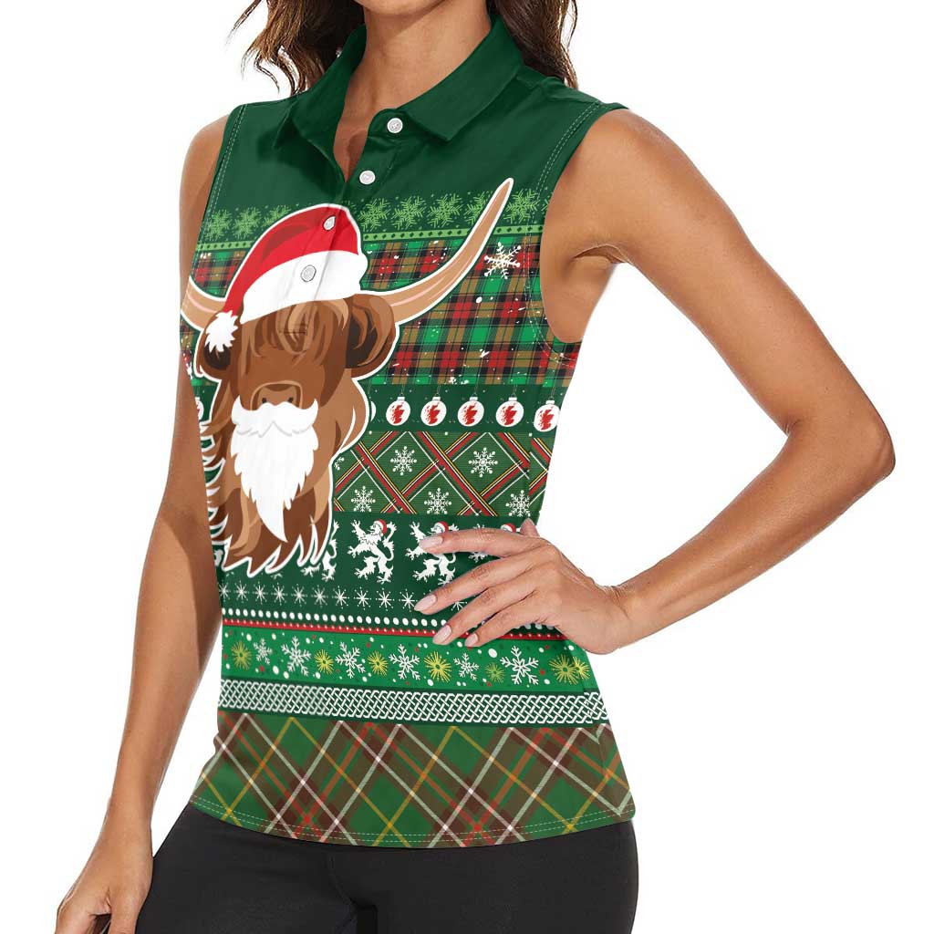 Scottish Christmas Women Sleeveless Polo Shirt Highland Cattle-Xmas Tartan Stripes Style Green Color - Wonder Print Shop