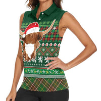 Scottish Christmas Women Sleeveless Polo Shirt Highland Cattle-Xmas Tartan Stripes Style Green Color - Wonder Print Shop