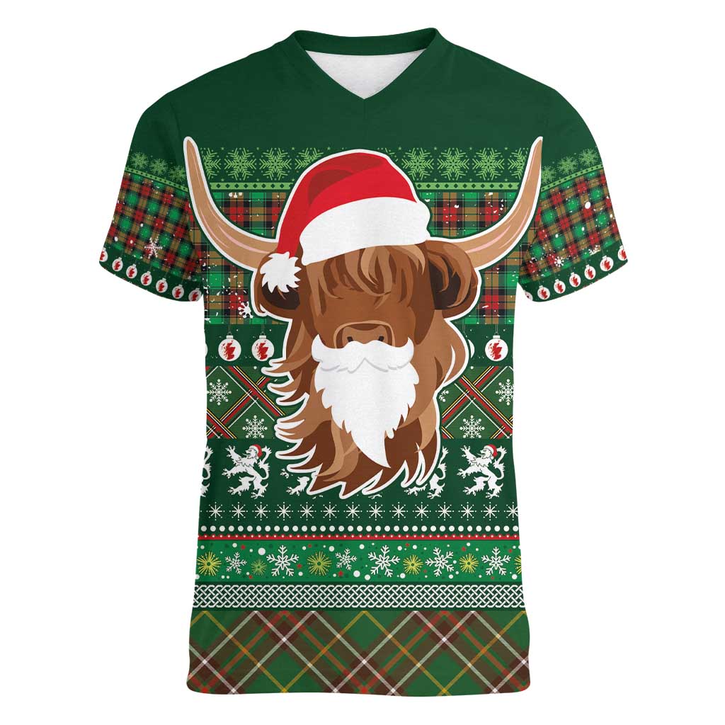 Scottish Christmas Women V-Neck T-Shirt Highland Cattle-Xmas Tartan Stripes Style Green Color - Wonder Print Shop