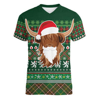 Scottish Christmas Women V-Neck T-Shirt Highland Cattle-Xmas Tartan Stripes Style Green Color - Wonder Print Shop