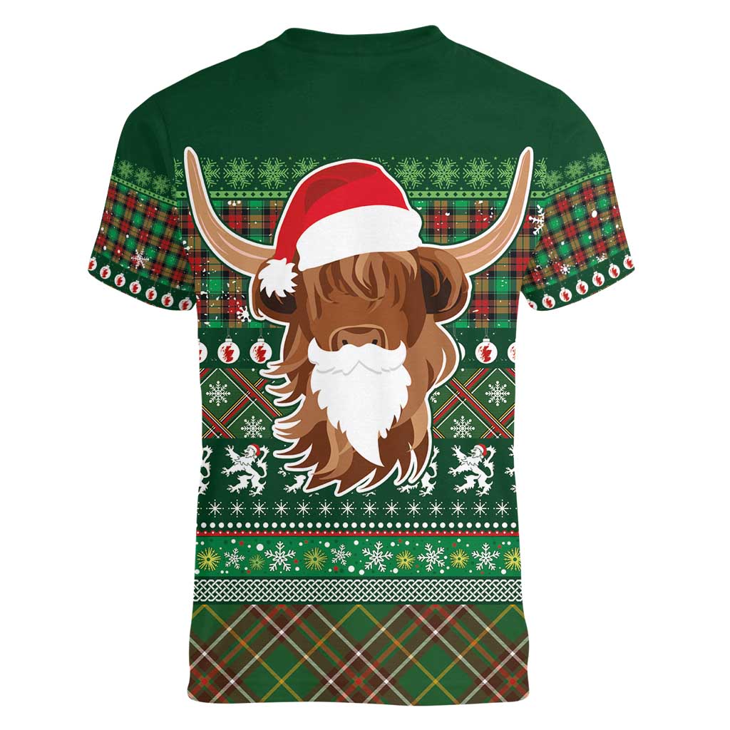 Scottish Christmas Women V-Neck T-Shirt Highland Cattle-Xmas Tartan Stripes Style Green Color - Wonder Print Shop