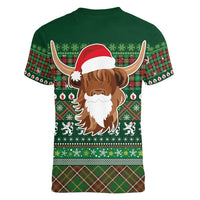 Scottish Christmas Women V-Neck T-Shirt Highland Cattle-Xmas Tartan Stripes Style Green Color - Wonder Print Shop