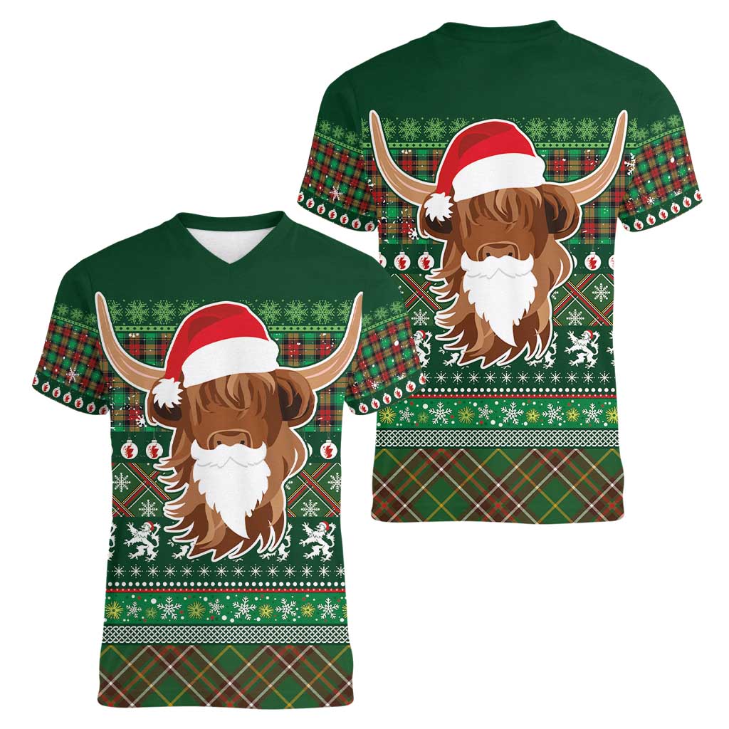 Scottish Christmas Women V-Neck T-Shirt Highland Cattle-Xmas Tartan Stripes Style Green Color - Wonder Print Shop