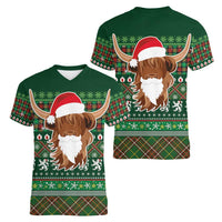Scottish Christmas Women V-Neck T-Shirt Highland Cattle-Xmas Tartan Stripes Style Green Color - Wonder Print Shop