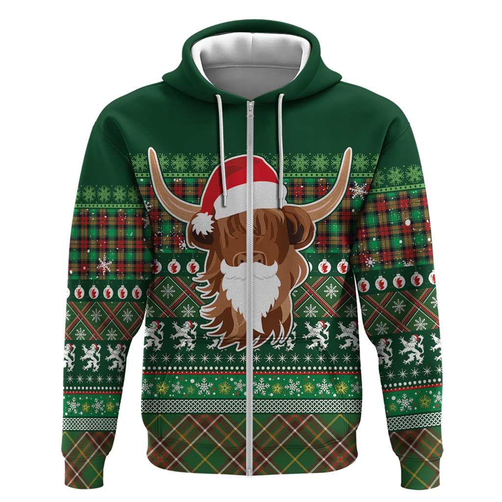 Scottish Christmas Zip Hoodie Highland Cattle-Xmas Tartan Stripes Style Green Color - Wonder Print Shop