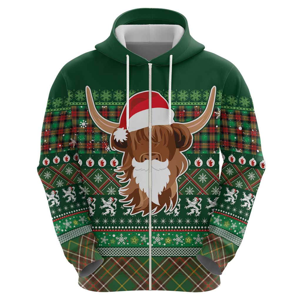 Scottish Christmas Zip Hoodie Highland Cattle-Xmas Tartan Stripes Style Green Color - Wonder Print Shop
