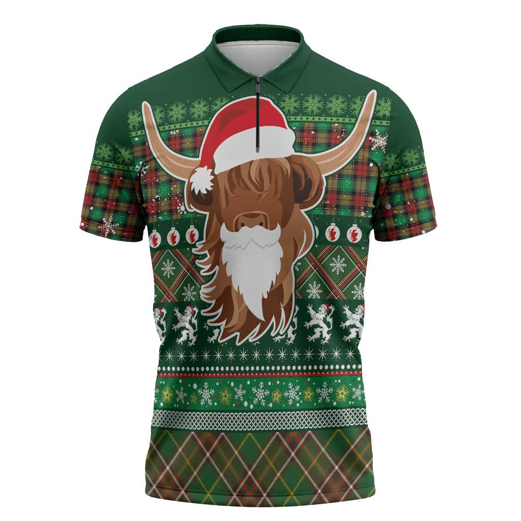 Scottish Christmas Zipper Polo Shirt Highland Cattle-Xmas Tartan Stripes Style Green Color - Wonder Print Shop