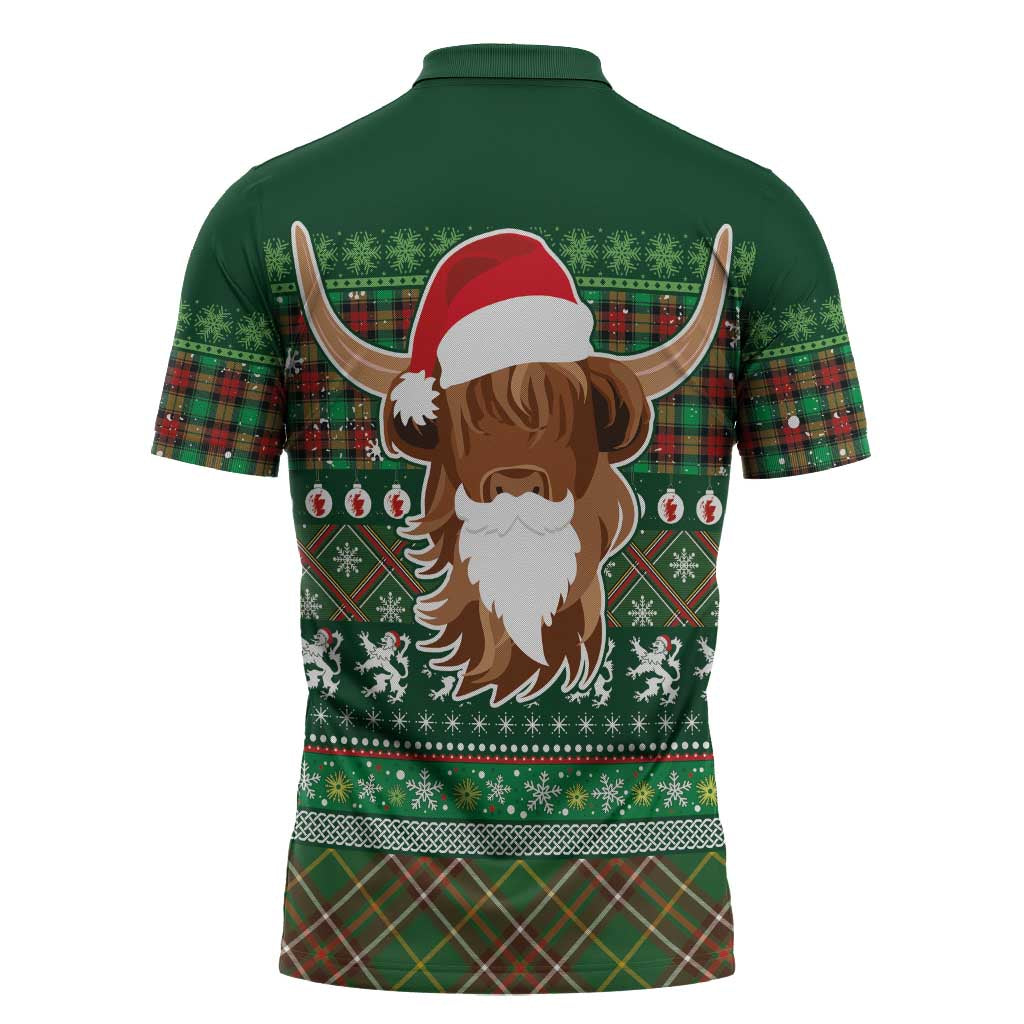 Scottish Christmas Zipper Polo Shirt Highland Cattle-Xmas Tartan Stripes Style Green Color - Wonder Print Shop