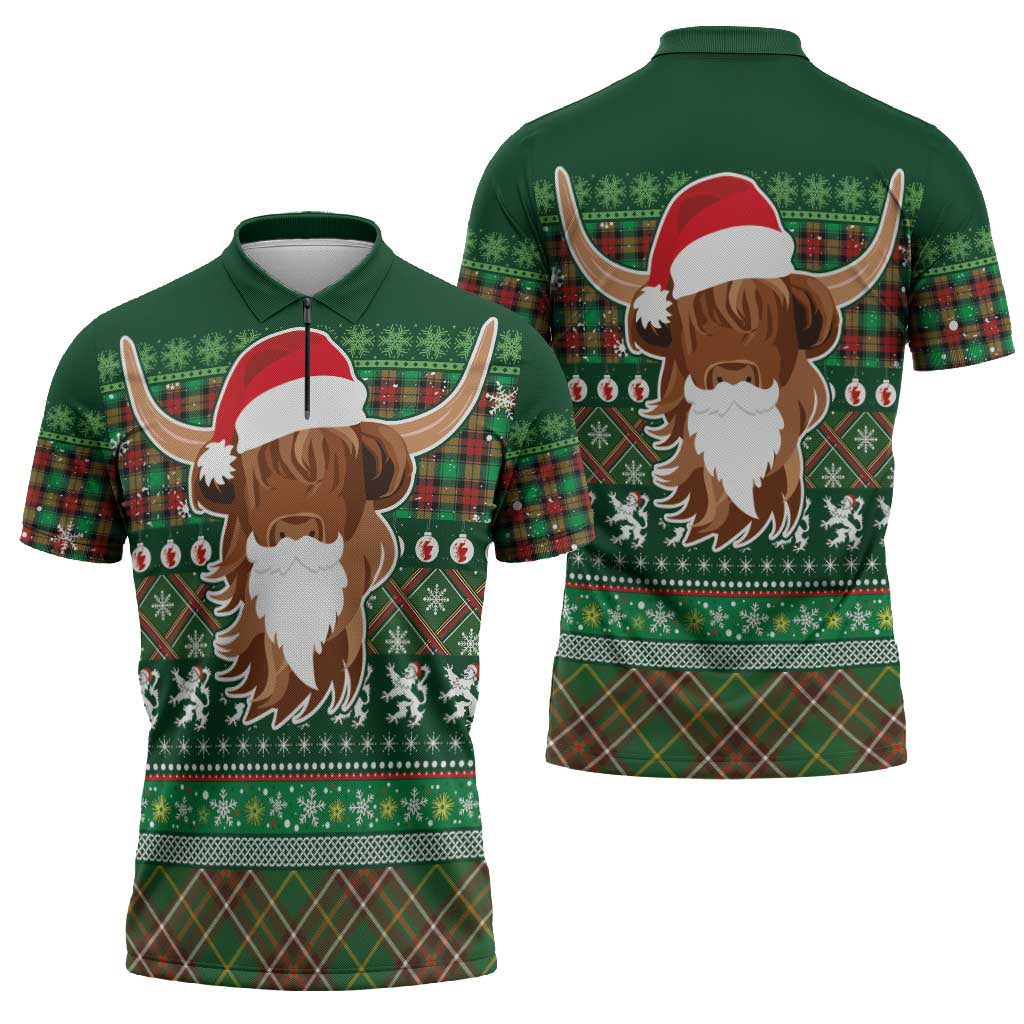 Scottish Christmas Zipper Polo Shirt Highland Cattle-Xmas Tartan Stripes Style Green Color - Wonder Print Shop