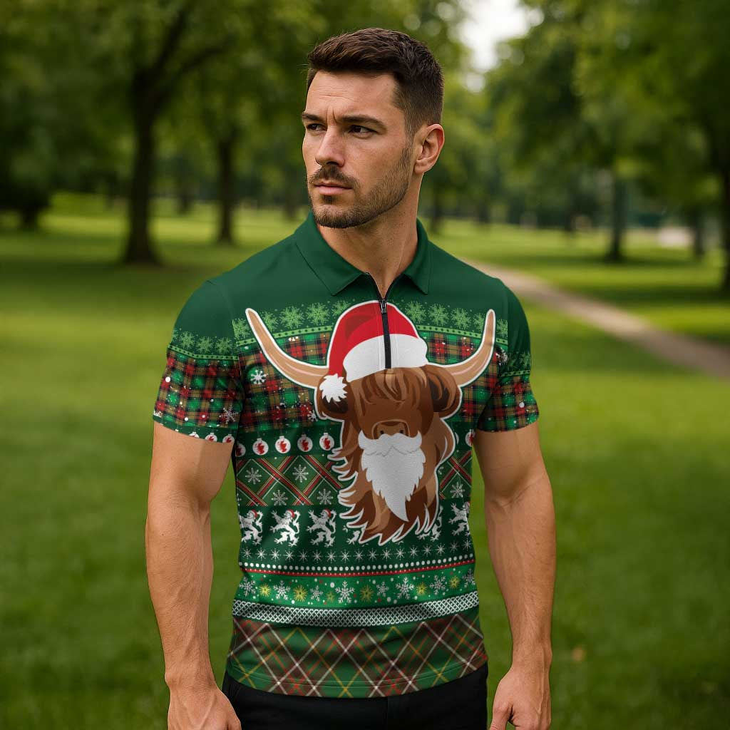 Scottish Christmas Zipper Polo Shirt Highland Cattle-Xmas Tartan Stripes Style Green Color - Wonder Print Shop