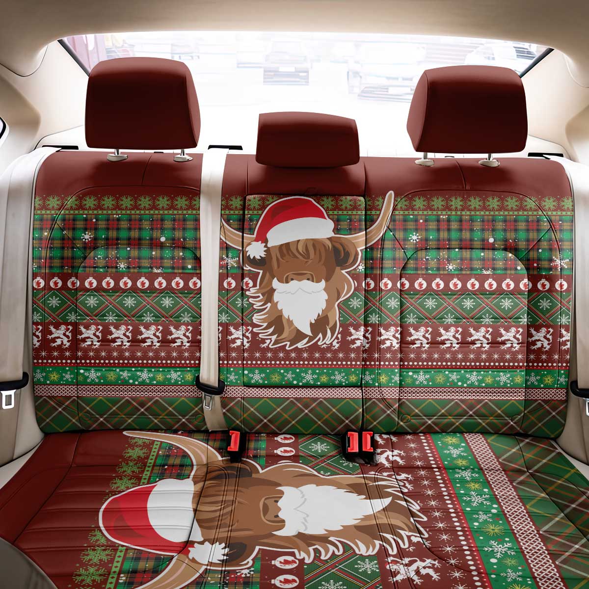 Scottish Christmas Back Car Seat Cover Highland Cattle-Xmas Tartan Stripes Style Red Color - Wonder Print Shop