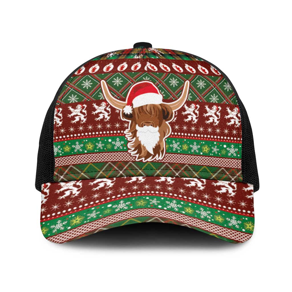 Scottish Christmas Baseball Net Cap Highland Cattle-Xmas Tartan Stripes Style Red Color - Wonder Print Shop
