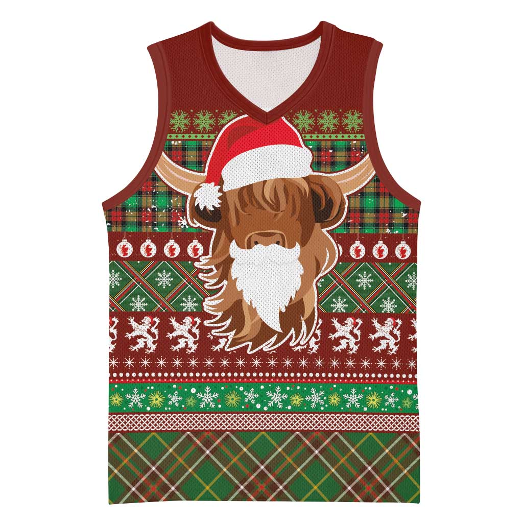 Scottish Christmas Basketball Jersey Highland Cattle-Xmas Tartan Stripes Style Red Color - Wonder Print Shop
