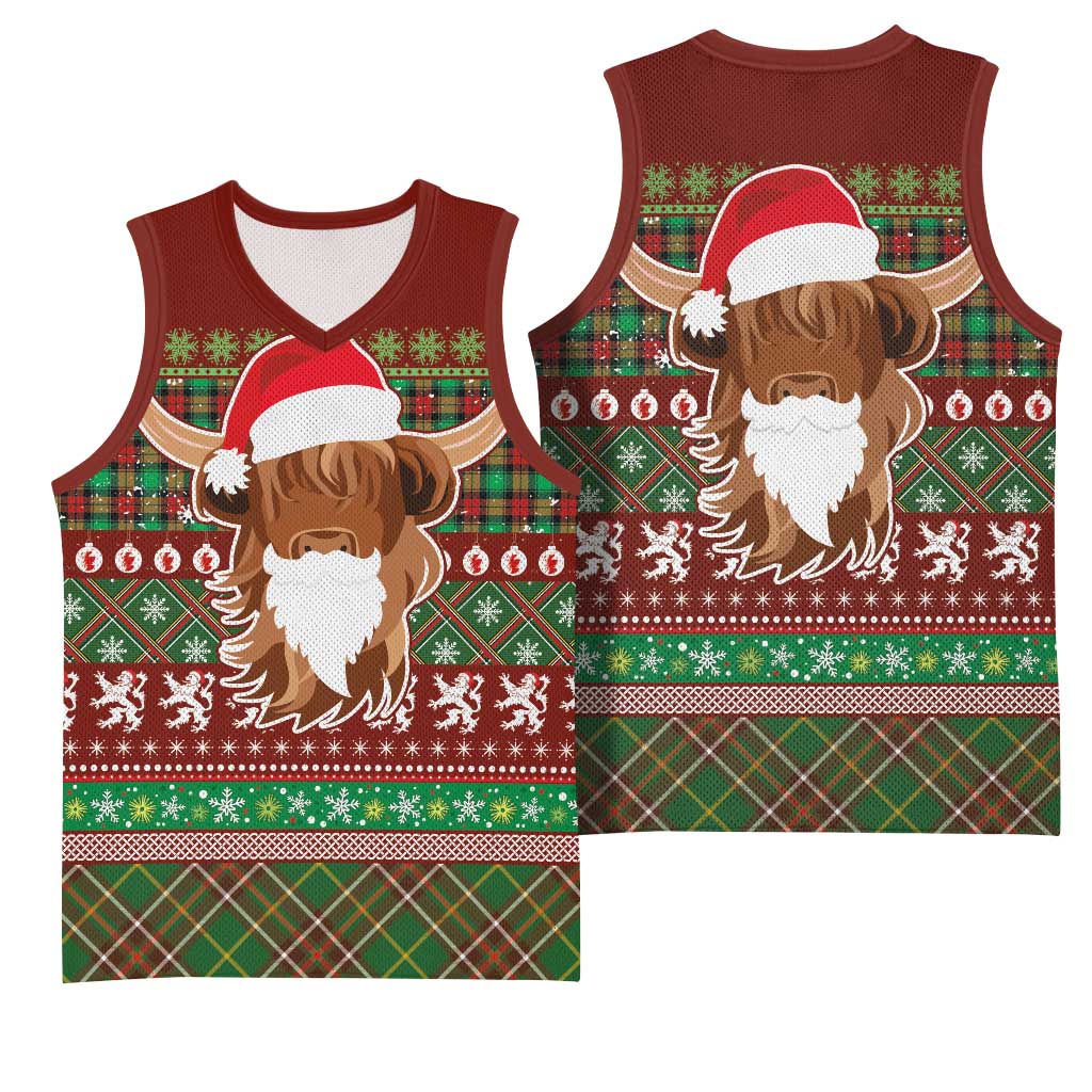 Scottish Christmas Basketball Jersey Highland Cattle-Xmas Tartan Stripes Style Red Color - Wonder Print Shop