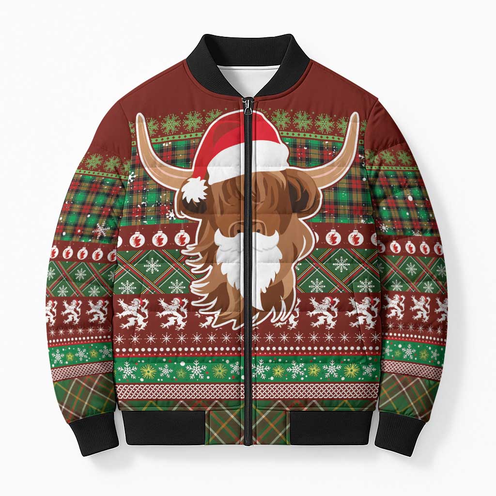 Scottish Christmas Bomber Puffer Jacket Highland Cattle-Xmas Tartan Stripes Style Red Color - Wonder Print Shop