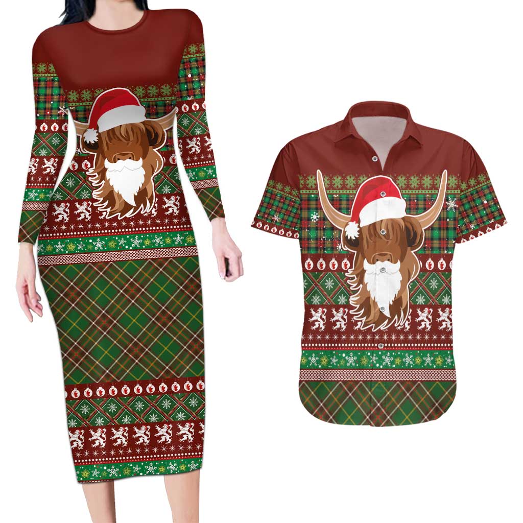 Scottish Christmas Couples Matching Long Sleeve Bodycon Dress and Hawaiian Shirt Highland Cattle-Xmas Tartan Stripes Style Red Color - Wonder Print Shop