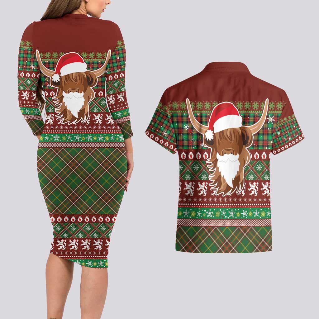 Scottish Christmas Couples Matching Long Sleeve Bodycon Dress and Hawaiian Shirt Highland Cattle-Xmas Tartan Stripes Style Red Color - Wonder Print Shop