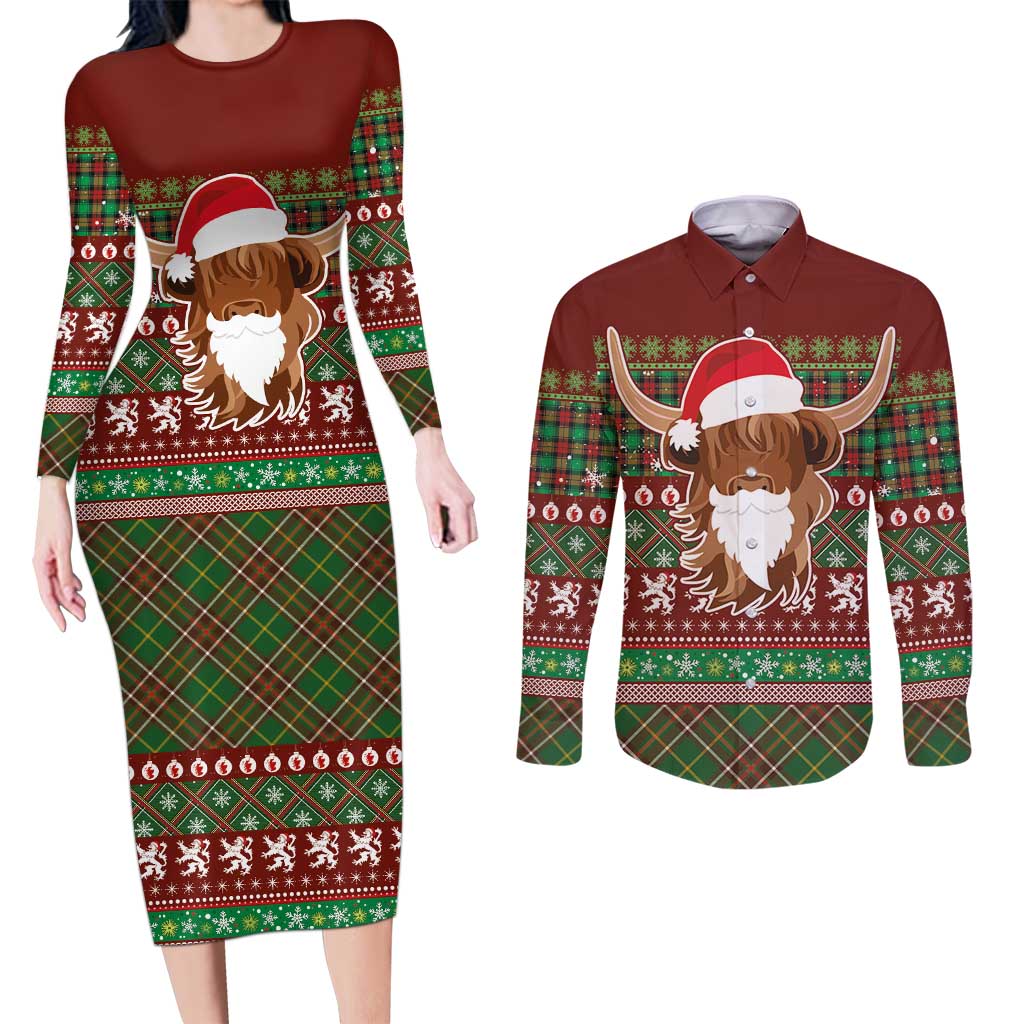 Scottish Christmas Couples Matching Long Sleeve Bodycon Dress and Long Sleeve Button Shirt Highland Cattle-Xmas Tartan Stripes Style Red Color - Wonder Print Shop