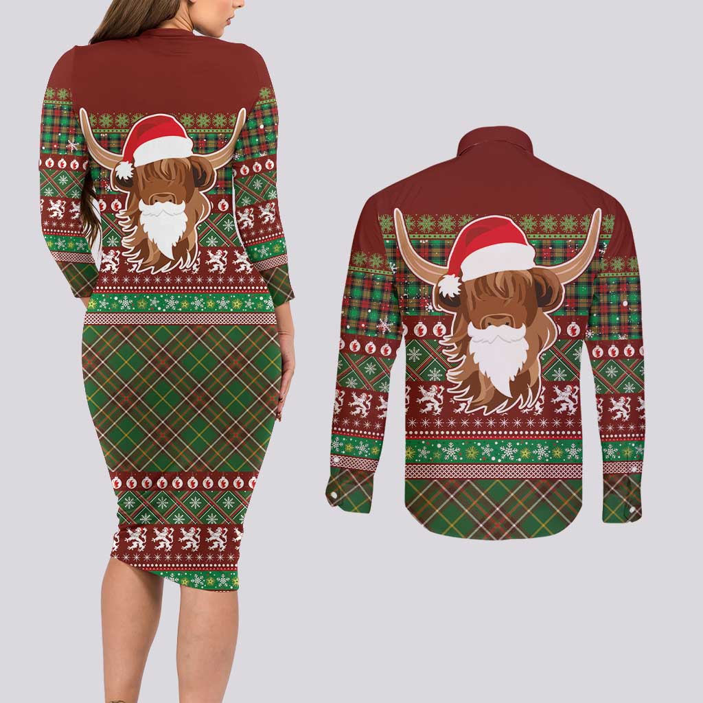 Scottish Christmas Couples Matching Long Sleeve Bodycon Dress and Long Sleeve Button Shirt Highland Cattle-Xmas Tartan Stripes Style Red Color - Wonder Print Shop