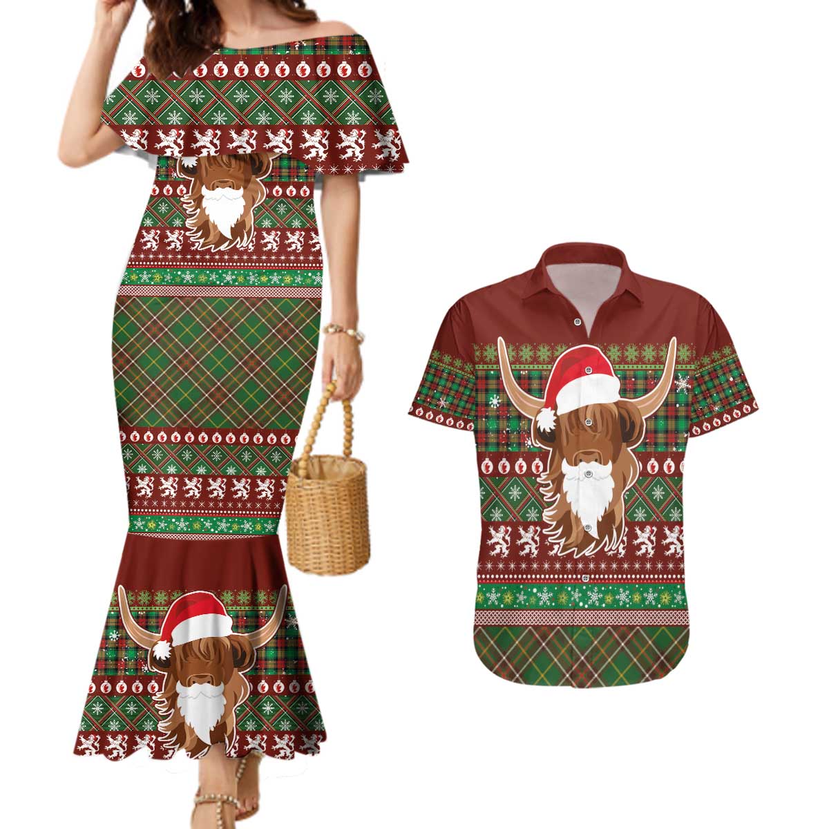 Scottish Christmas Couples Matching Mermaid Dress and Hawaiian Shirt Highland Cattle-Xmas Tartan Stripes Style Red Color - Wonder Print Shop