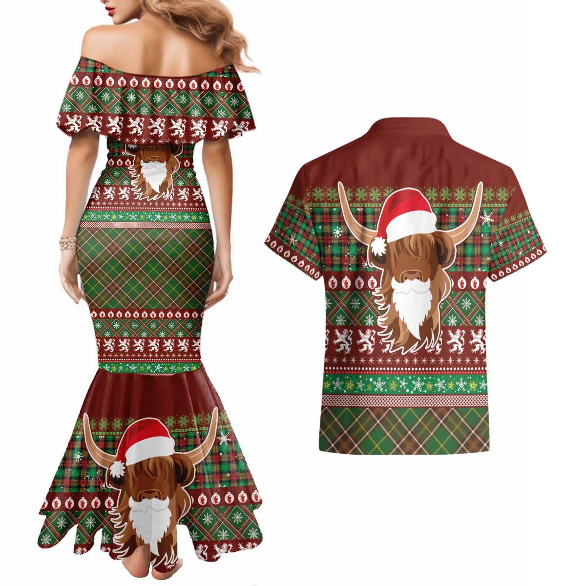Scottish Christmas Couples Matching Mermaid Dress and Hawaiian Shirt Highland Cattle-Xmas Tartan Stripes Style Red Color - Wonder Print Shop