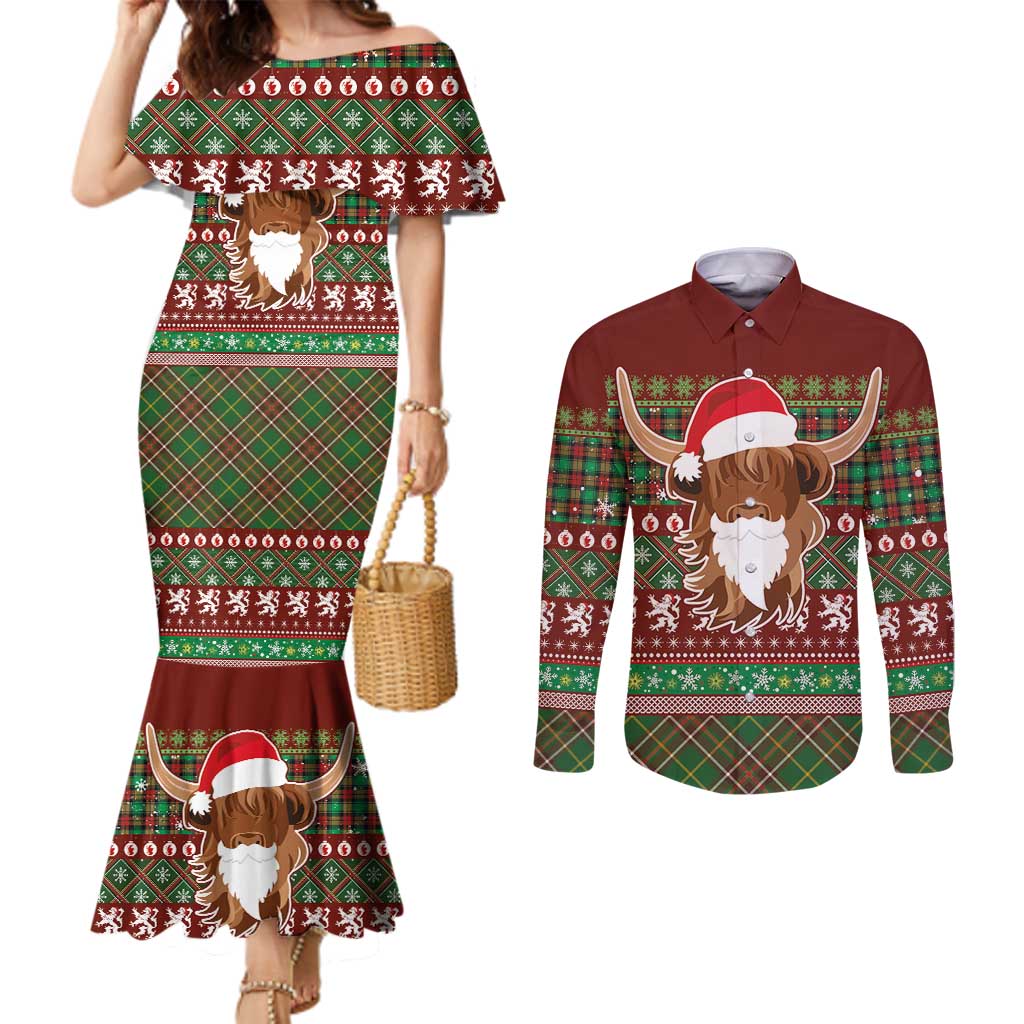 Scottish Christmas Couples Matching Mermaid Dress and Long Sleeve Button Shirt Highland Cattle-Xmas Tartan Stripes Style Red Color - Wonder Print Shop