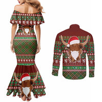 Scottish Christmas Couples Matching Mermaid Dress and Long Sleeve Button Shirt Highland Cattle-Xmas Tartan Stripes Style Red Color - Wonder Print Shop