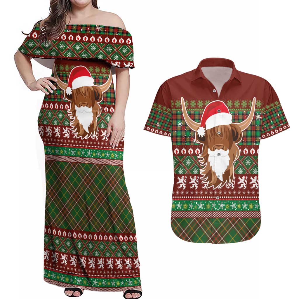Scottish Christmas Couples Matching Off Shoulder Maxi Dress and Hawaiian Shirt Highland Cattle-Xmas Tartan Stripes Style Red Color - Wonder Print Shop