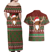 Scottish Christmas Couples Matching Off Shoulder Maxi Dress and Hawaiian Shirt Highland Cattle-Xmas Tartan Stripes Style Red Color - Wonder Print Shop
