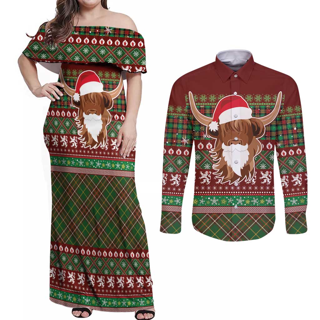 Scottish Christmas Couples Matching Off Shoulder Maxi Dress and Long Sleeve Button Shirt Highland Cattle-Xmas Tartan Stripes Style Red Color - Wonder Print Shop