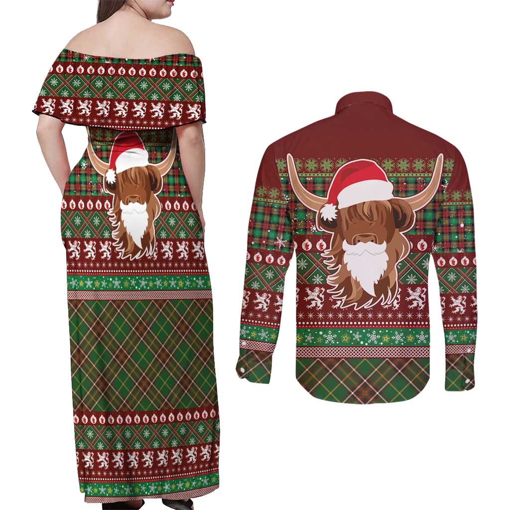 Scottish Christmas Couples Matching Off Shoulder Maxi Dress and Long Sleeve Button Shirt Highland Cattle-Xmas Tartan Stripes Style Red Color - Wonder Print Shop