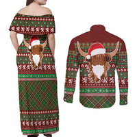 Scottish Christmas Couples Matching Off Shoulder Maxi Dress and Long Sleeve Button Shirt Highland Cattle-Xmas Tartan Stripes Style Red Color - Wonder Print Shop