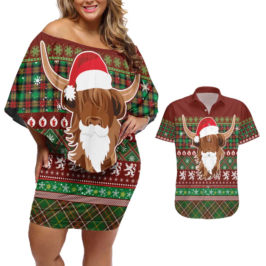 Scottish Christmas Couples Matching Off Shoulder Short Dress and Hawaiian Shirt Highland Cattle-Xmas Tartan Stripes Style Red Color - Wonder Print Shop