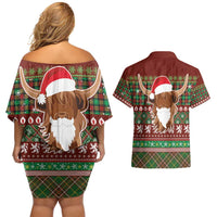 Scottish Christmas Couples Matching Off Shoulder Short Dress and Hawaiian Shirt Highland Cattle-Xmas Tartan Stripes Style Red Color - Wonder Print Shop