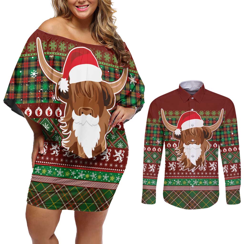 Scottish Christmas Couples Matching Off Shoulder Short Dress and Long Sleeve Button Shirt Highland Cattle-Xmas Tartan Stripes Style Red Color - Wonder Print Shop