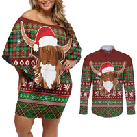 Scottish Christmas Couples Matching Off Shoulder Short Dress and Long Sleeve Button Shirt Highland Cattle-Xmas Tartan Stripes Style Red Color - Wonder Print Shop