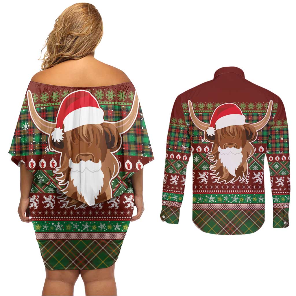 Scottish Christmas Couples Matching Off Shoulder Short Dress and Long Sleeve Button Shirt Highland Cattle-Xmas Tartan Stripes Style Red Color - Wonder Print Shop