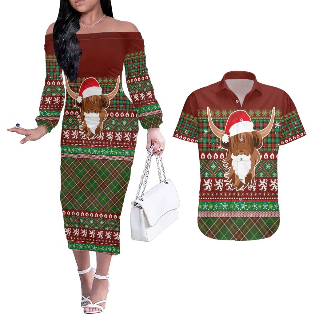 Scottish Christmas Couples Matching Off The Shoulder Long Sleeve Dress and Hawaiian Shirt Highland Cattle-Xmas Tartan Stripes Style Red Color - Wonder Print Shop
