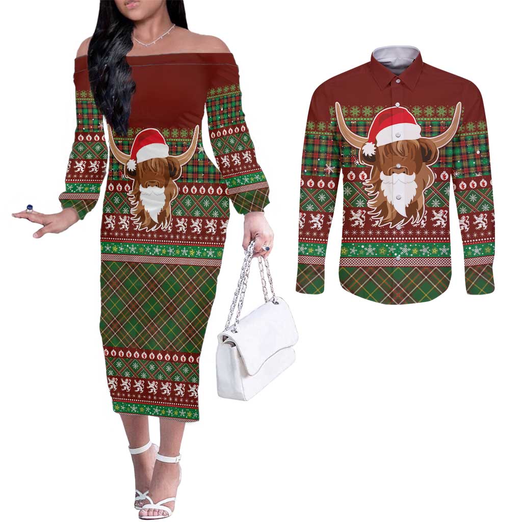 Scottish Christmas Couples Matching Off The Shoulder Long Sleeve Dress and Long Sleeve Button Shirt Highland Cattle-Xmas Tartan Stripes Style Red Color - Wonder Print Shop